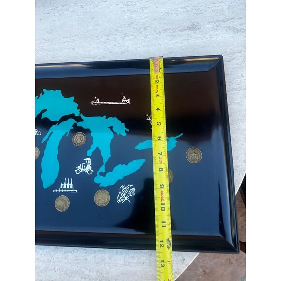 Couroc of Monterey Great Lakes Black & Teal Tray Coin Inlays Nautical Graphics - Picture 7 of 16